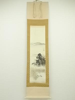 玉堂筆　秋江帰漁　肉筆絹本掛軸（保護箱）